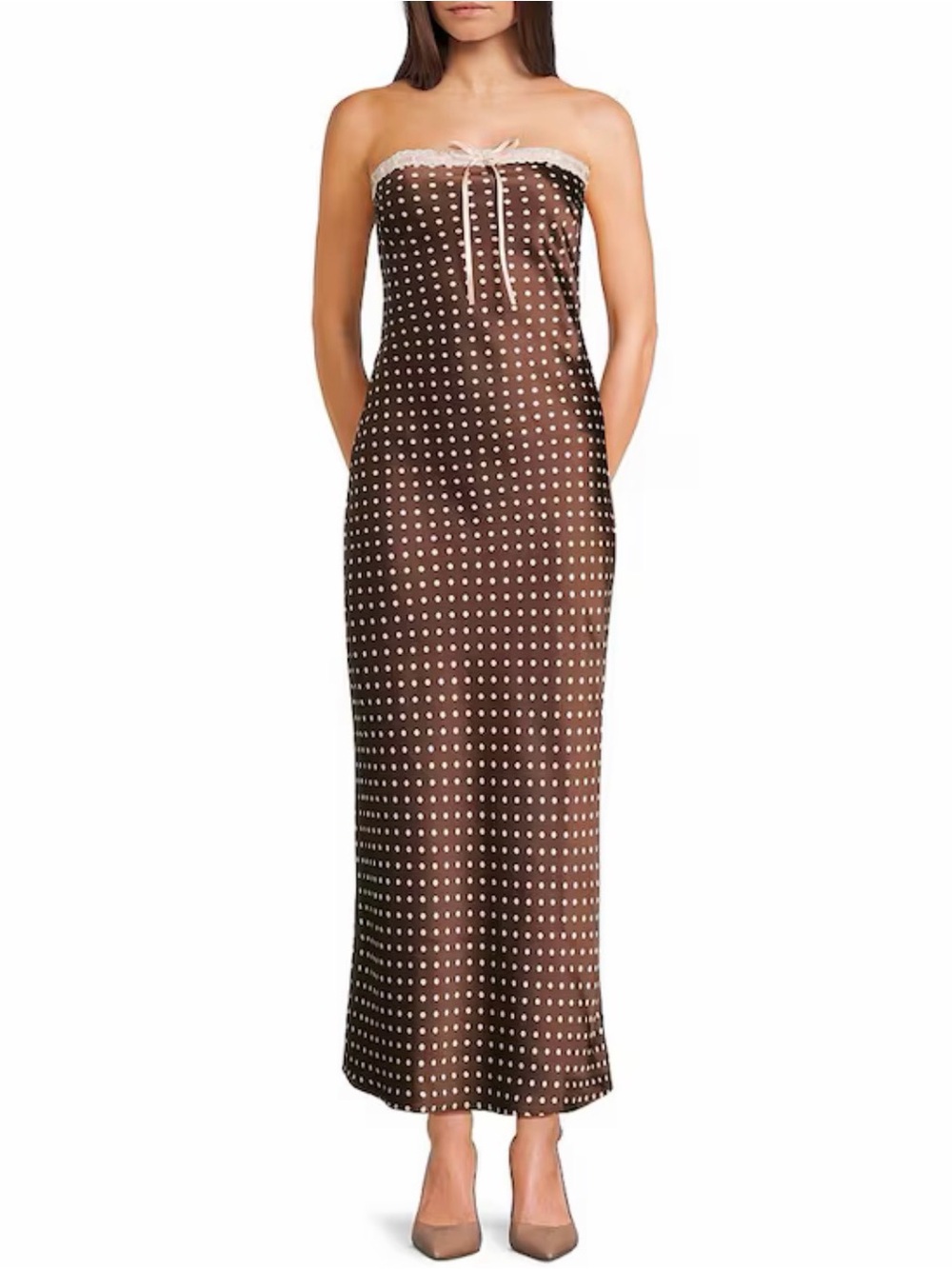 Brown Polka Dot Strapless Satin Maxi Dress